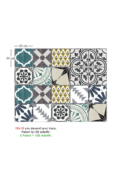 Kendinden Yapışkanlı Retro Yeşil Desenli Pvc Karo 10x10 Cm 5 Li Paket