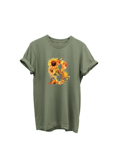Ayçiçek Desenli B'' Harfi Baskılı %100 Pamuk Regular Fit Unisex T-shirt Haki