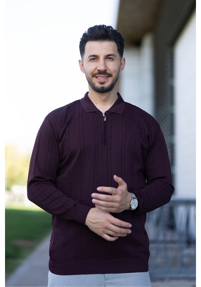 Hk Premium Triko Kazak Polo Yaka Fermuarlı Slim Fit Bordo