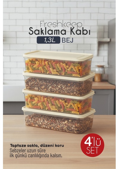 4'lü Saklama Kabı 1,3 Litre Derin Dondurucu Mikrodalga Uyumlu Şampanya