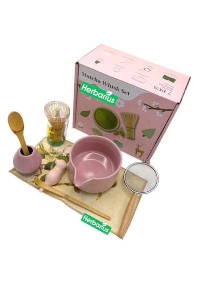 Herbarius 8 Parça Mat Pudra Pembe Renk Matcha Çayı Hazırlama Seti - Geleneksel Japon Matcha Seti
