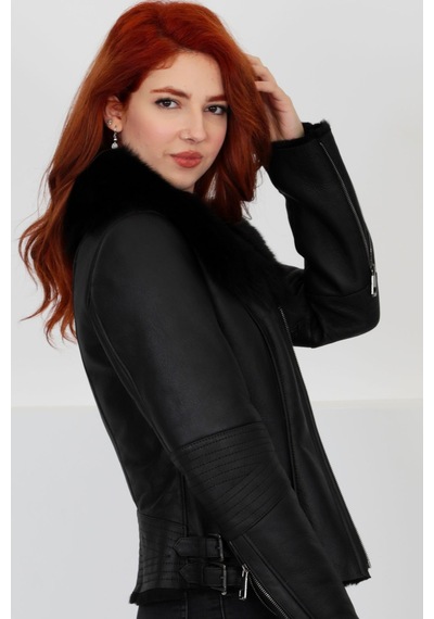 M M Marki Marki Siyah Hakiki Kürk Ve Deri Mont - Kemerli, Yakası Kürklü, Fit Kesim, Elegant Chic - 103722