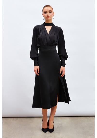 Sateen Yırtmaçlı Saten Etek - Siyah-133207 Siyah
