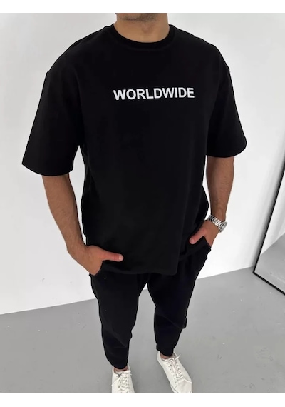 Modi Unisex Bisiklet Yaka Baskılı Oversize T-shirt - Siyah - Mymg106742