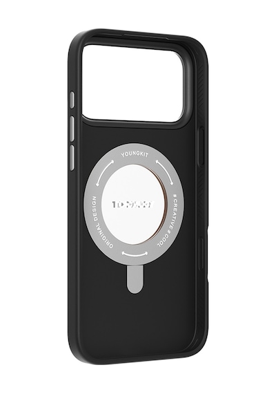 Apple Uyumlu iPhone 17 Pro Kılıf M-safe 360 Standlı Basit Mat Deri Desenli Youngkit Tech Leather Seri Kapak Siyah Siyah