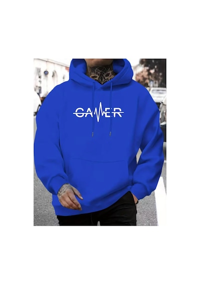 Herkesemoda Gamer Yazı Detaylı Kapüşonlu Sweatshırt Mavi