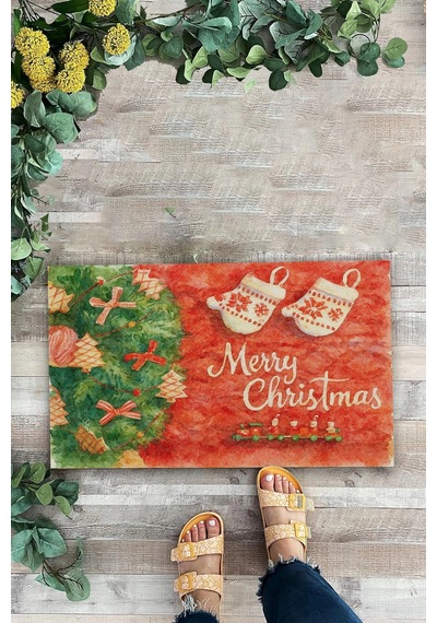 Valerine Life Yılbaşı Noel Çam Ağacı Eldivenli Kırmızı Welcome Hoş Geldiniz Kapı Önü Paspası 45x70cm Kahverengi