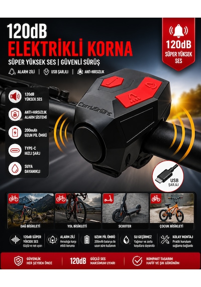 Kenly 20 Db Usb Şarjlı Bisiklet Kornası Alarm Zili Anti Hırsızlık Elektrikli Korna Scooter Uyumlu Siyah