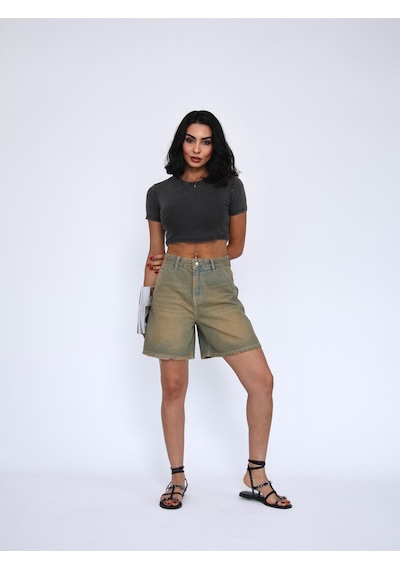 Tint Wash Denim Mini Şort Bej+Yeşiltint