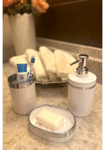 Makri Home Banyo Seti 5'li, Yuvarlak, Akrilik-çöp Kovası, Wc Fırçalık, Sıvı Sabunluk, Diş Fırçalık, El Sabunluk Beyaz