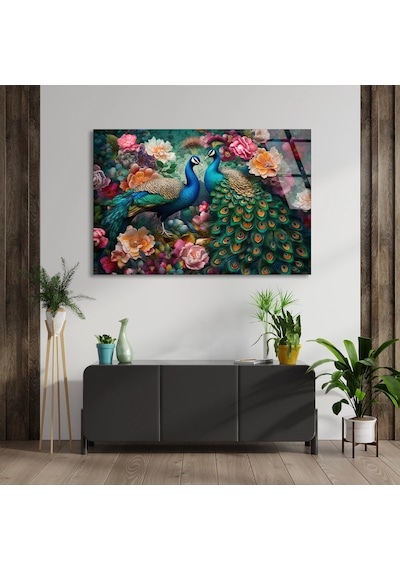 Tavus Kuşu Çiçekler - Cam Tablo - Deg0975 50 X 35 Cm