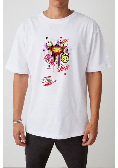 Thewert Unisex Joker Smile Baskılı Beyaz Oversize Tshirt
