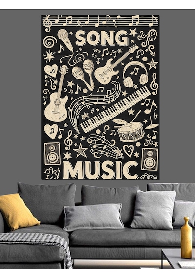 Siyah Müzik Aletleri Posteri Dekoratif Kanvas - Mdf Ahşap Tablo