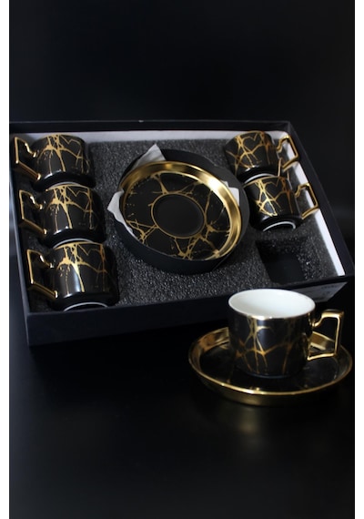 Porselen 6 Kişilik Kahve Fincan Takımı Siyah Gold Tr2934