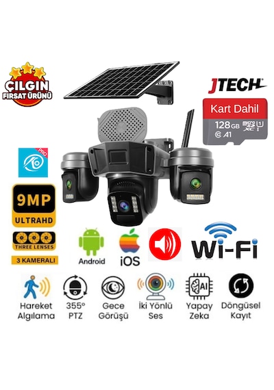 O-kam 5210 3mp+3mp+3mp 9mp Wi-fi Solar Panelli 3 Lens Alert 1 Ptz Akıllı Kamera + 128gb Sd Kart