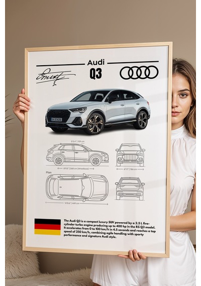 Audi Q3 Tablo - Teknik Özellikli Alman Lüks Suv Poster - Çerçeveli Duvar Dekoru - Araba Blueprint Kayın