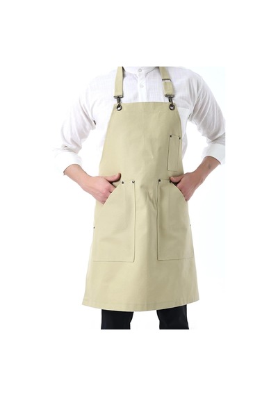 Barista Boyundan Askılı Önlük Kanguru Cepli - Bej Çok Renkli