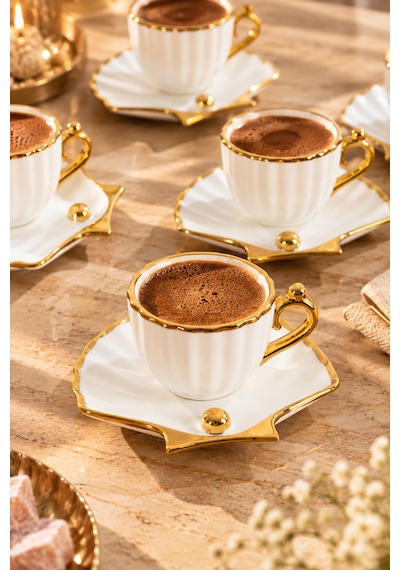 Porsima A-514 6 Kişilik Porselen Türk Kahvesi Fincan Takımı - Zümrüt Gold Yaldızlı Deniz Kabuğu / İstiridye Tasarım Fincan Seti Altın - Beyaz