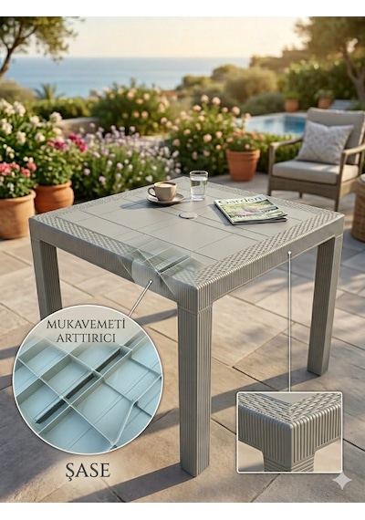 Evko Mobilya Rattan 90x90 Masa, Plastik Masa, Bahçe Balkon Teras Masası, Kare Masa, Dış Mekan Masası Cappuccino