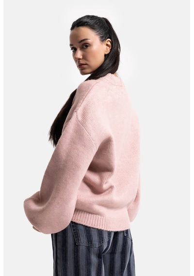Kadın Pembe W6-98 Oversize Aksesuar Detaylı Tasarım Triko Kazak