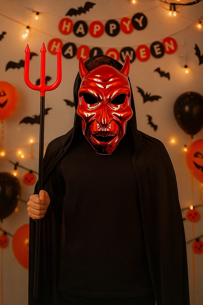 Halloween Cadılar Bayramı Maske Şeytan Maskesi Parlak Kırmızı Metalik Arkası Tüllü Korku Aksesuarı Diğer