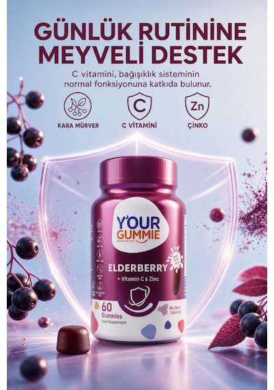Y'our Gummie Elderberry Kara Mürver C Vitamini ve Çinko 60 Çiğnenebilir Jel