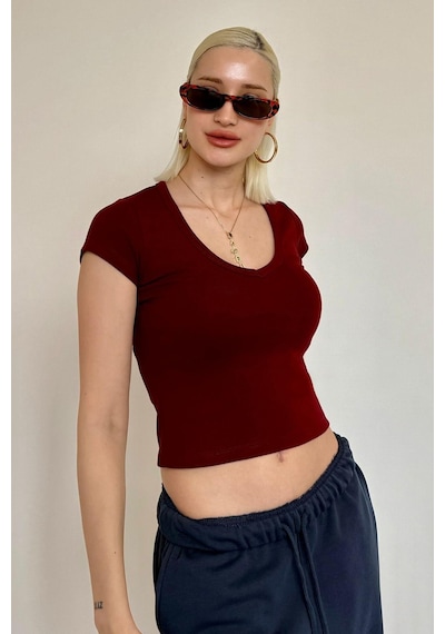 Bordo V Yaka Basic Kadın Tişört Mg2450