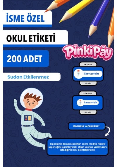 İsim Yazılabilir Astronot Temalı Okul Etiketi Kalem & Defter İçin 200 Adet Çoklu