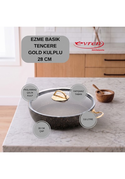 20 Cm Goldstone Ezme Seri Granit Basık Tencere, Non-stick Pilav Karnıyarık Tenceresi 1,7 Lt Çelik Kulp 28 Cm