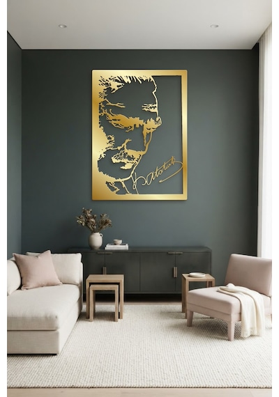 Atatürk Ve İmza Metal Duvar Tablosu - Duvar Sanatı - Duvar Dekoru - Altın