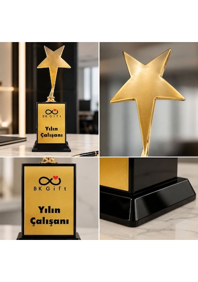 Logonuza Özel 5 Adet Mesajlı Gold Renk Büyük Yıldız Oskar Kurumsal Ödülü 22 X 8 Cm