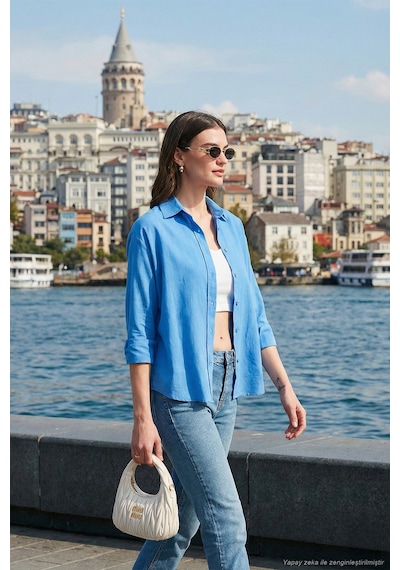 Lela Keten Ve Pamuk Karışımlı Regular Fit Önü Kısa Arkası Uzun Bayan Gömlek 6772853 Indigo