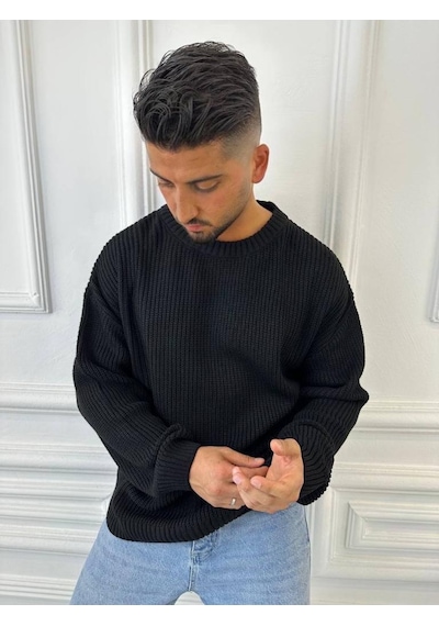 Elku Moda Kazak Oversize Çift Kat Örme Naturel Pamuk Bol Kesim Tüylenmeyen Salaş Triko Kazak Siyah Elku Moda Kazak Oversize Çift Kat Örme Naturel Pamuk Bol Kesim Tüylenmeyen Salaş Triko Kazak Siyah