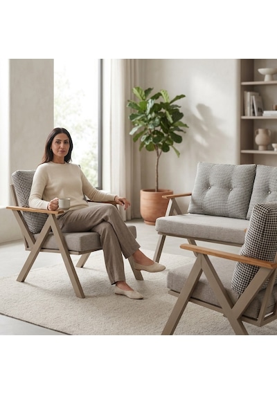 Venedik 2+1+1 Metal Balkon Takımı Keten Dokulu Kumaş Cappuccino Metal - Bahçe Teras Oturma Grubu