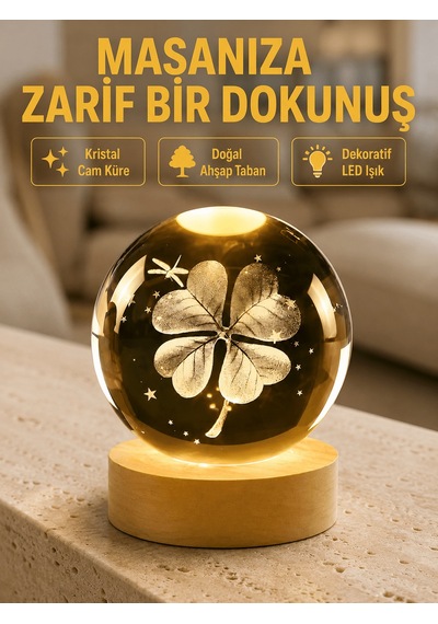 Bitki Temalı Led Işıklı Cam Küre Ahşap Standlı Modern Gece Lambası Aklby-bsva58 Diğer