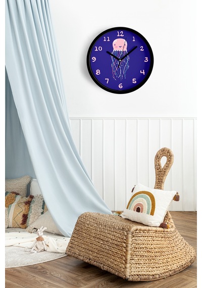 Sevimli Denizanası Çizimli Çocuk Odası Duvar Saati - 25cm - Önü Camlı Siyah Kasa - Sessiz Mekanizma-jh1115 Siyah