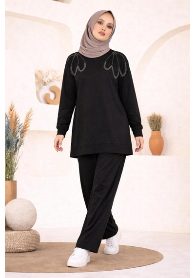 Hira Life Fashion Kadın Omzu Taşlı Ve Manşet Kol Tunik-pantolon İkili Takım Siyah Siyah