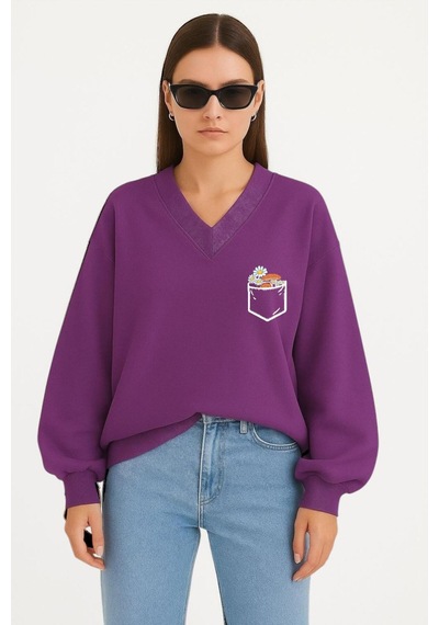 Benroma Cep Papatya Baskılı Ünisex V Yaka Sweatshirt Mor