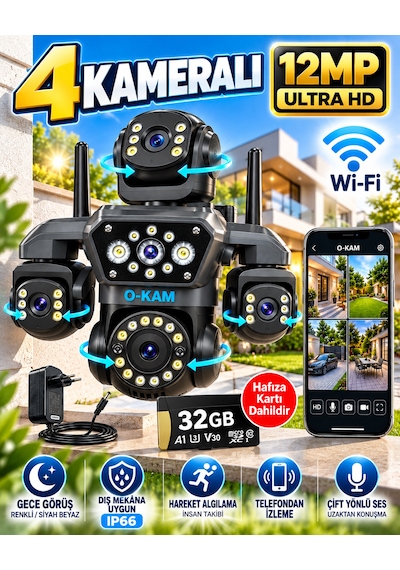 O-kam Ok-251 12mp 4 Kameralı Wifi Gece Görüş Çift Yönlü Ses Uzaktan İzleme Kişi Takibi Türkçe 32gb Akıllı Güvenlik Kamerası