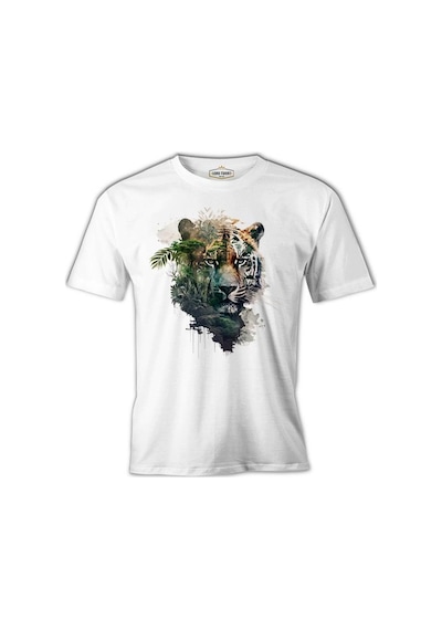 Tiger Head With Jungle Exposure Beyaz Erkek Tshirt 001