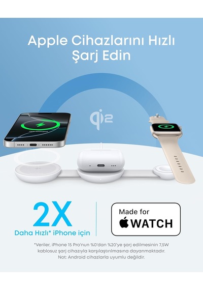 Maggo 3'ü 1 Arada Kablosuz Şarj İstasyonu, Qi2, 15w, Katlanabilir, Magsafe Uyumlu, Beyaz - B25m8