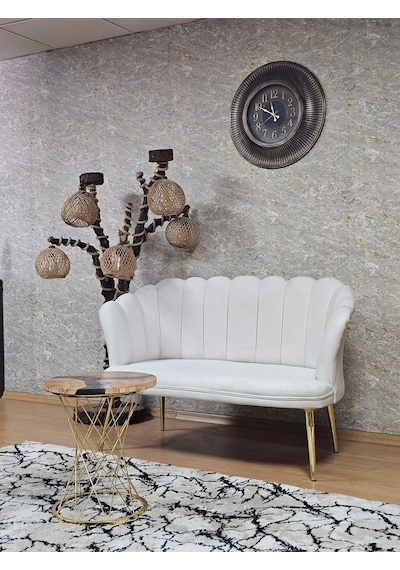 Zafir İkili Papatya Çay Seti Koltuk Gold Sivriltme Ayak, Balkon, Salon, Ofis, Koltuk Takımı, İkili Berjer Krem