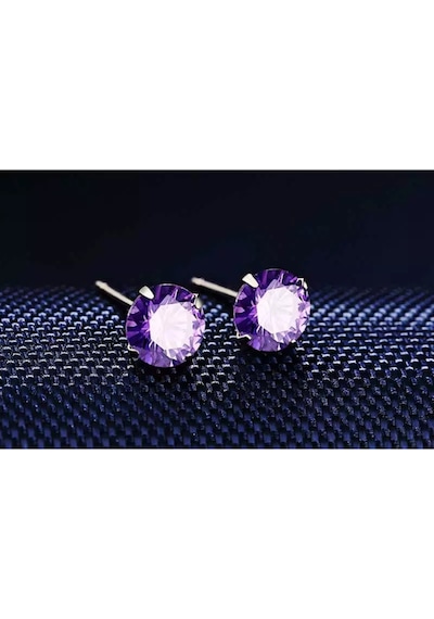 Brezza Lusso Jewelry 925 Ayar Ametist Taşlı Mor Renk Yuvarlak Tektaş Bayan Gümüş Küpe