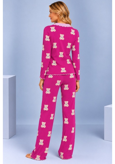 Pijamask Kadın Desenli Fiyonk Detaylı Düğmeli Uzun Kollu Müslin Pijama Takımı Fuşya-9