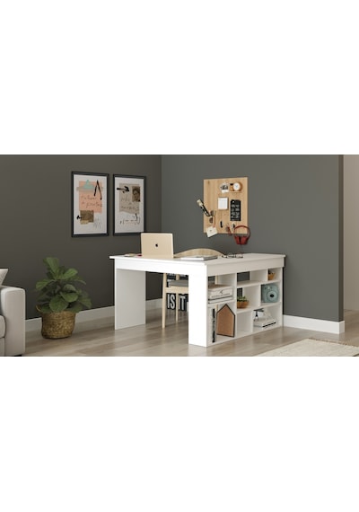 Robinhome Robin Home Boston Kitaplık Raflı Çalışma Masası Ofis Masası Beyaz
