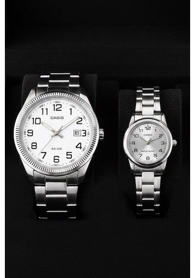 Casio Ltp-v001d-7budf-mtp-1302d-7bvdf Çift Saat Seti Gümüş Metal Kordon Erkek Kadın Kol Saati Gri