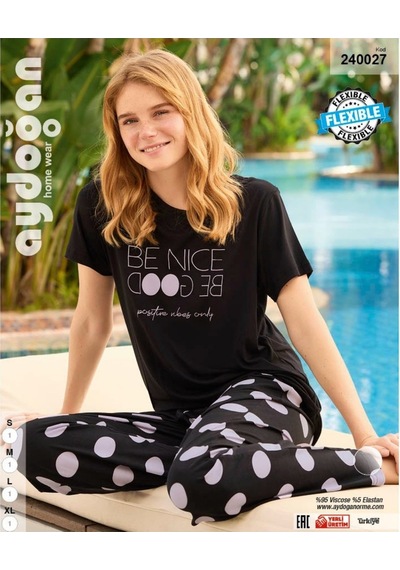 Aydoğan Homewear -be Nice Be Good- Yazılı Puantiyeli Viskos Yazlı Siyah