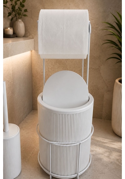 Modern Banyo Seti Kapaklı Çöp Kovası, Tuvalet Kağıtlığı Ve Wc Fırçası Minimal Tasarım Beyaz