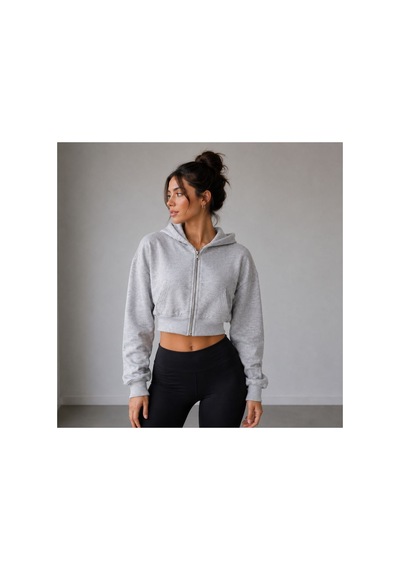 Herkesemoda Kadın Grimelanj Fermaurlı Kapüşonlon 2 İplik Şardonlu Crop Sweatshirt Gri
