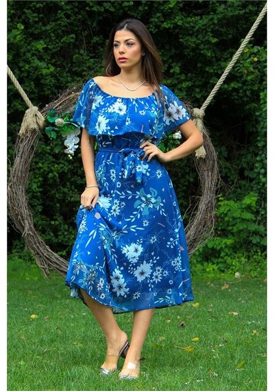 Neşeli Butik Kadın İndigo Bağlama Detaylı Madonna Yaka Şifon Elbise Nb100371 Indigo